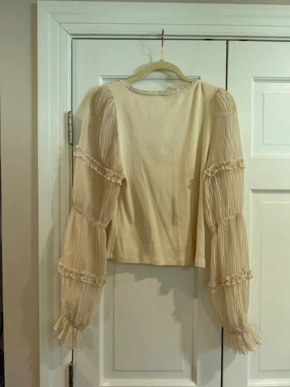 Anthropology Ribbed Top with Sheer Puff Sleeves size M